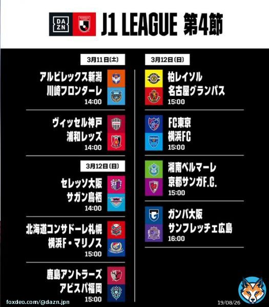 ／ 今週末も見逃せない！ Ｊリーグ ＼  明治安田J1第4節 3/11(土) 新潟&times;川崎F 神戸&times;浦和  3/12(日) C大阪&times;鳥栖 札幌&times;横浜FM 鹿島&times;福岡 柏&times;名古屋 FC東京&times;横浜FC 湘南&times;京都 G大阪&times;広島  #DAZN でライブ配信 #J30 #Ｊリーグ
