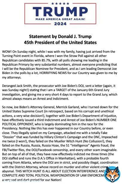 BREAKING: President Trump announces he has received a letter from the DOJ signaling he will be arrested and indicted for January 6th  Yes, the same J6 where national guard troops were rejected by Democrats, where undercover FBI sources and DC PD officers were in the crowds,&hellip;&nbsp;Show more