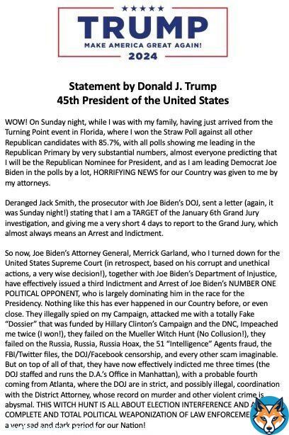 BREAKING: President Trump announces he has received a letter from the DOJ signaling he will be arrested and indicted for January 6th  Yes, the same J6 where national guard troops were rejected by Democrats, where undercover FBI sources and DC PD officers were in the crowds,… Show more