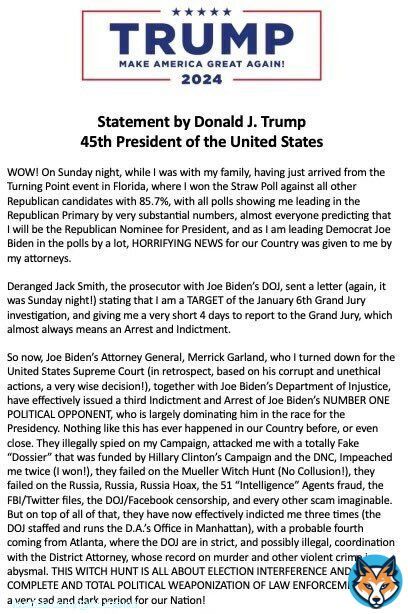 BREAKING: President Trump announces he has received a letter from the DOJ signaling he will be arrested and indicted for January 6th  Yes, the same J6 where national guard troops were rejected by Democrats, where undercover FBI sources and DC PD officers were in the crowds,&hellip;&nbsp;Show more