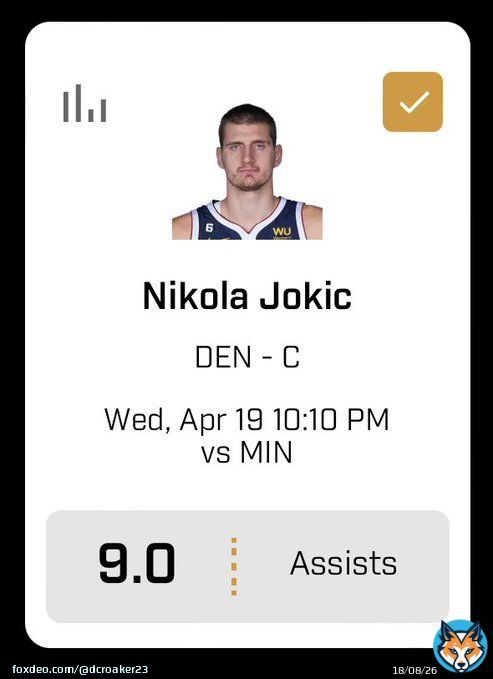 Nikola Jokic OVER  He&rsquo;s averaging 11 assist per game again the wolves this season   3/3~100% hit rate during the regular season  He did not hit this first playoff game against them, don&rsquo;t see him missing again #GamblingTwitter #prizepicks#PlayerPropBets #NBAPlayoffs
