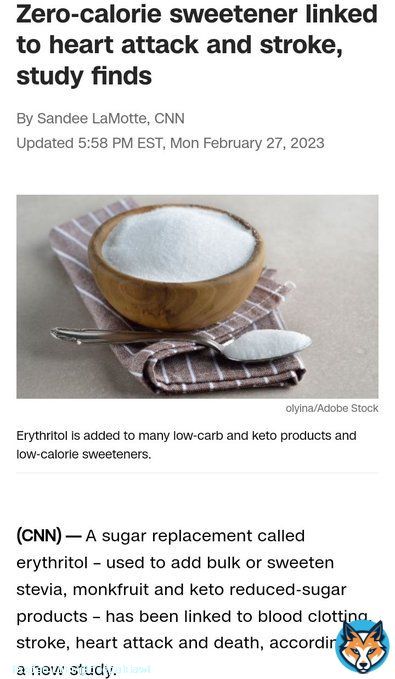 #Heartattack   A sugar replacement called erythritol &mdash; used to add bulk or sweeten stevia, monk-fruit, and keto reduced-sugar products &mdash; has been linked to blood clotting, stroke, heart attack and death, according to a new study.