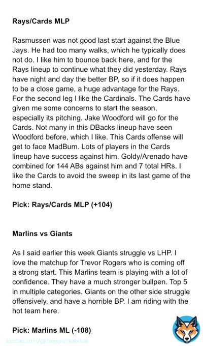 4/19 MLB Picks   Marlins ML (-108) Rays/Cards MLP (+104)  Not able to do a spaces before these games start, so I have a break down below. Might have more for later so I&rsquo;ll do a spaces before the other games.   #GamblingTwitter