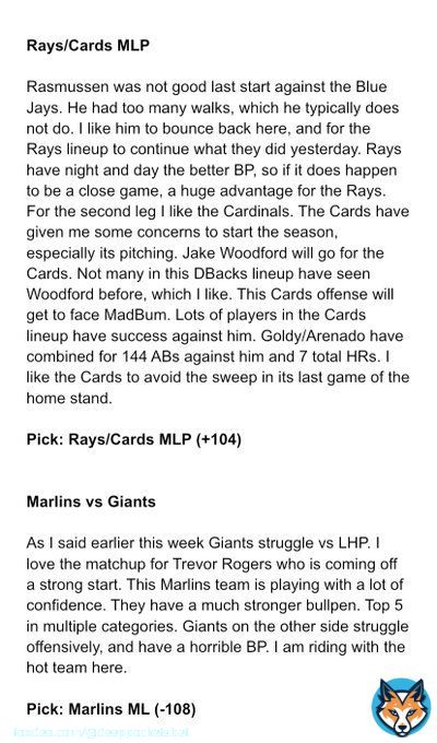 4/19 MLB Picks   Marlins ML (-108) Rays/Cards MLP (+104)  Not able to do a spaces before these games start, so I have a break down below. Might have more for later so I&rsquo;ll do a spaces before the other games.   #GamblingTwitter