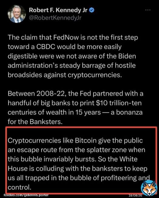 HUGE: Presidential hopeful Robert Kennedy trashes on CBDCs then says #Bitcoin is an &ldquo;escape route&rdquo;.