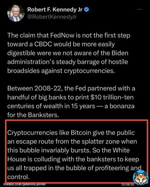 HUGE: Presidential hopeful Robert Kennedy trashes on CBDCs then says #Bitcoin is an &ldquo;escape route&rdquo;.