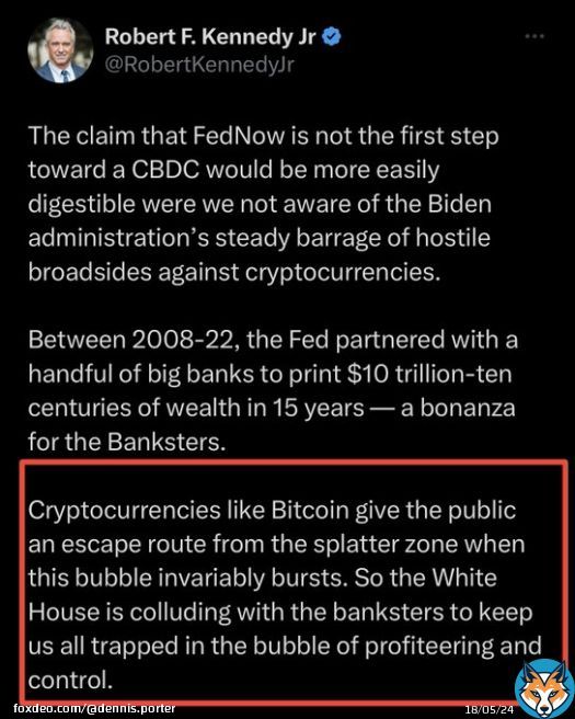 HUGE: Presidential hopeful Robert Kennedy trashes on CBDCs then says #Bitcoin is an “escape route”.