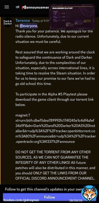 Amidst the legal troubles, Dark and Darker just announced it's newest playtest is going live via a torrent download  If you want to have a good time, join the official discord and watch all the people scream into the void rather than Google how to toorrent/use a magnet link