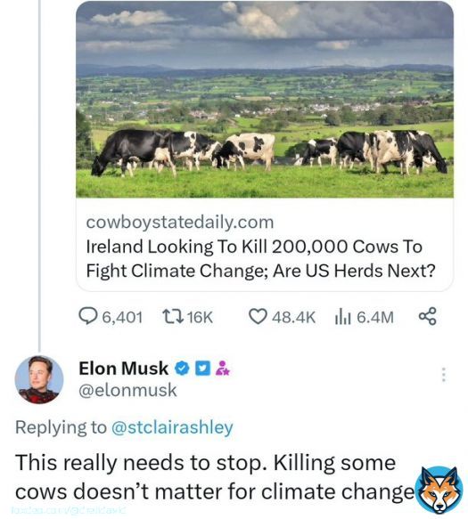 .@elonmusk has done more for clean energy than anyone else, and he also thinks it's insanity to kill cows to “fight climate change” _