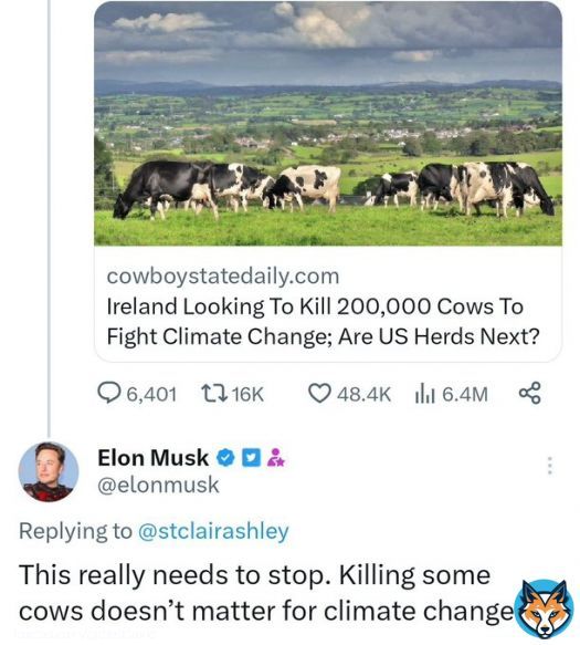 .@elonmusk has done more for clean energy than anyone else, and he also thinks it's insanity to kill cows to &ldquo;fight climate change&rdquo; _