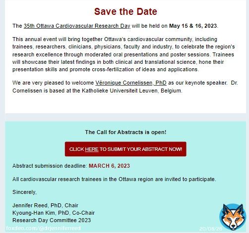 #SaveTheDate   We are so thrilled to be welcoming Dr. V&eacute;ronique Cornelissen @verocornelissen from @KU_Leuven as our Keynote speaker for the 35th Ottawa Cardiovascular Research Day.  Abstract deadline: Monday, March 6   #loveOttawaresearch  @UOHIResearch @oheartcommittee