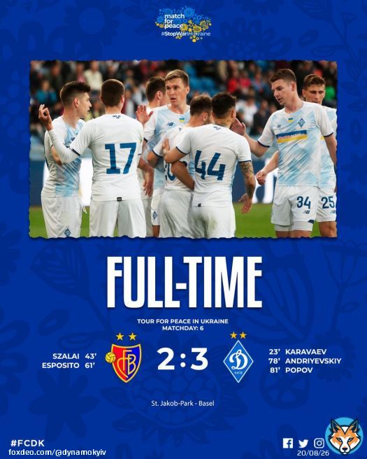 &laquo;Динамо&raquo; у благодійному поєдинку перемагає швейцарський &laquo;Базель&raquo; @FCBasel1893  \ud83d\udc99 \ud83d\udc9b  #MatchForPeace #StopTheWar