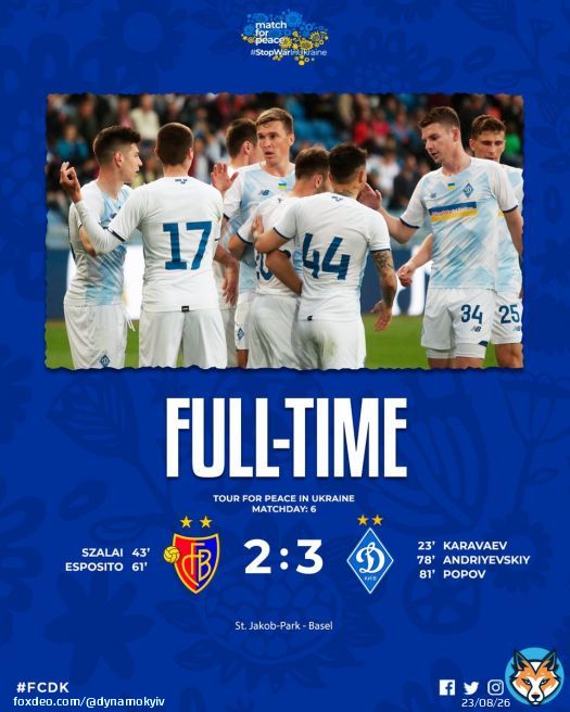 &laquo;Динамо&raquo; у благодійному поєдинку перемагає швейцарський &laquo;Базель&raquo; @FCBasel1893  \ud83d\udc99 \ud83d\udc9b  #MatchForPeace #StopTheWar