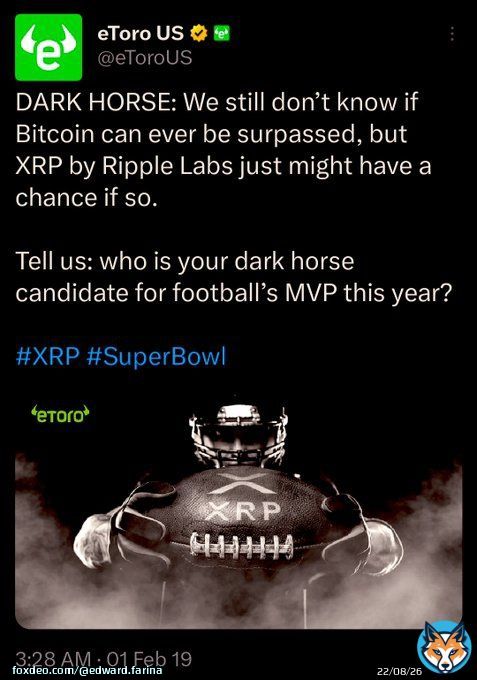 Twitter changed its name to &ldquo;X&rdquo; and proceeded to partner with eToro allowing Croptocurrency&rsquo;s into the platform.  E-toro has said on a tweet from 2019 that XRP could surpass #Bitcoin   Connect the dots. #Xrp