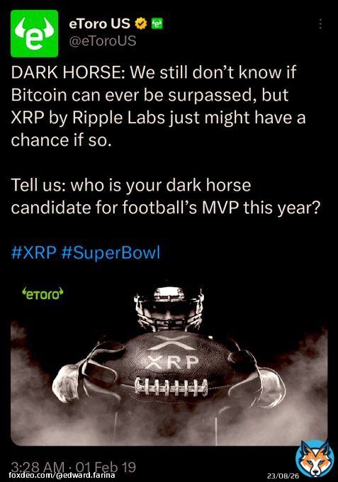 Twitter changed its name to &ldquo;X&rdquo; and proceeded to partner with eToro allowing Croptocurrency&rsquo;s into the platform.  E-toro has said on a tweet from 2019 that XRP could surpass #Bitcoin   Connect the dots. #Xrp