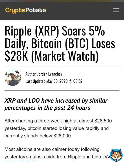 #XRP SOARS 5% and #BITCOIN loses $28K  Perhaps is FINALLY time for #XRP decouple from #BTC and lead the next bull-run.