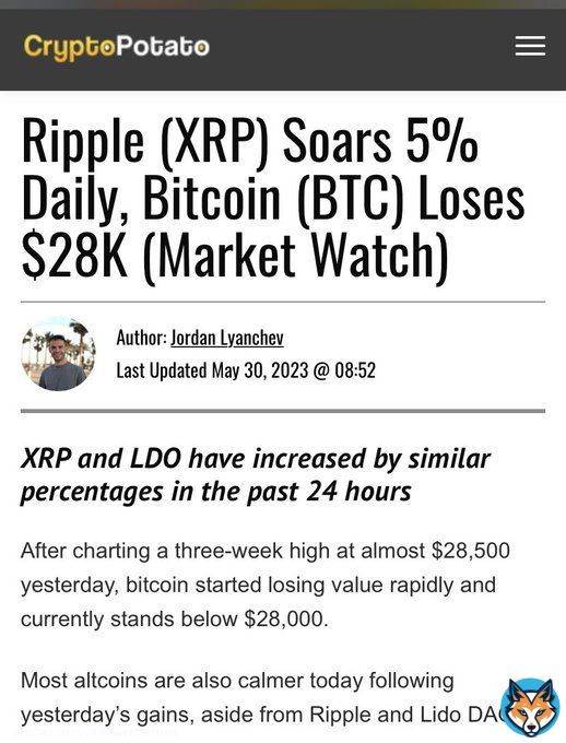 #XRP SOARS 5% and #BITCOIN loses $28K  Perhaps is FINALLY time for #XRP decouple from #BTC and lead the next bull-run.