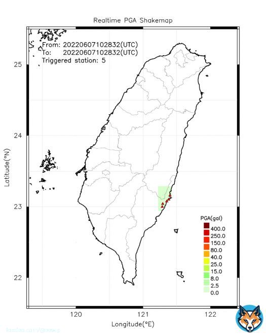 Automatically Plotted Shakemaps: * 2022-06-07 18:28:32 (UTC+08:00, Taipei) * Evt. 20220607182832, First Report. * Total 5 triggered stations  Note: These shakemaps are not yet confirmed, for reference only! #地震 #台灣 #earthquake #Taiwan