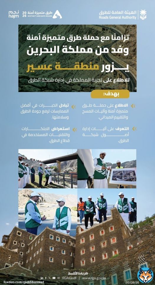 تزامنًا مع حملة #طرق_متميزة_آمنة، وفد من مملكة البحرين يزور منطقة عسير للاطلاع على تجربة المملكة في إدارة شبكة الطرق.