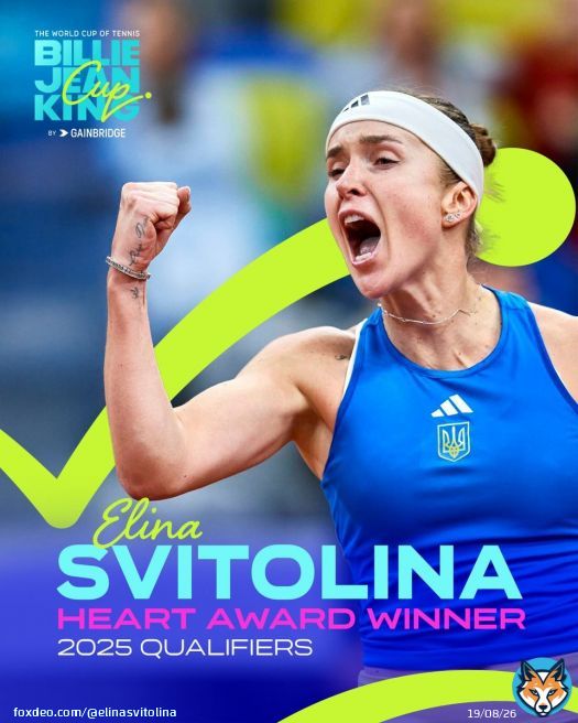 QuoteBillie Jean King Cup@BJKCup·Jun 25, 2025ALL HEART Congratulations to Ukraine's @ElinaSvitolina, winner of the #BJKCup Heart Award for the 2025 Qualifiers! The Heart Award recognises players who have represented their country with exceptional couurage on court & demonstrated outstanding commitment to the team