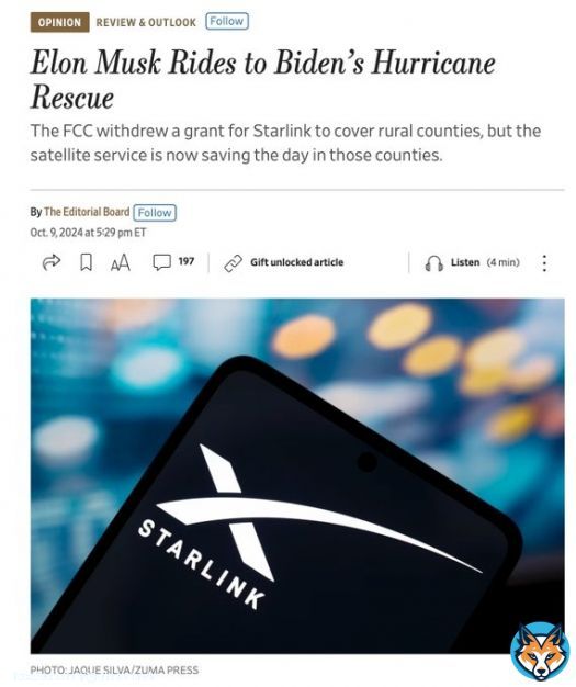 The Biden/Harris administration needs to goQuoteSawyer Merritt@SawyerMerritt&middot;8hNEWS: The WSJ Editorial Board has released a new opinion piece on @Starlink titled 'Elon Musk Rides to Biden&rsquo;s Hurricane Rescue'  WSJ: 'The FCC withdrew a gragrant for Starlink to cover rural counties, but the satellite service is now saving the day in those counties.  The FCCShow more