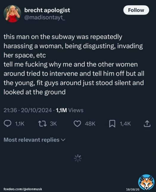 This is whyQuoteiamyesyouareno@iamyesyouareno&middot;13h&ldquo;All the young fit guys stood silent and looked at the ground&rdquo;  Because they know what happens when they do something.