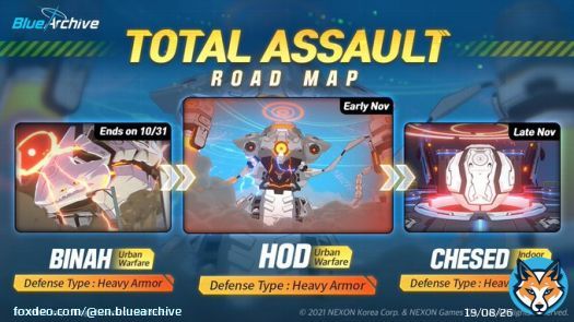 [Total Assault Road Map]  Introducing the November's road map!  The next Total Assault will have Hod (Urban Warfare), and towards the end of November, Chesed (Indoor Warfare) will be waiting for the Senseis!  #BlueArchive