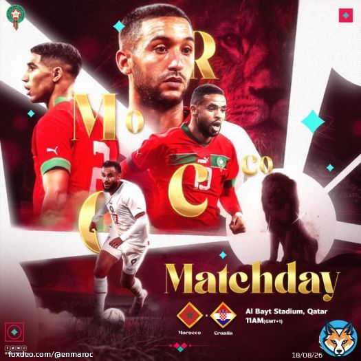 Finally arriving to this day: Morocco&rsquo;s first match in FIFA World Cup Qatar 2022!   Croatia    Al Bayt Stadium, Qatar  11AM (Gmt+1)  #DimaMaghrib  #TeamMorocco #FIFAWorldCup
