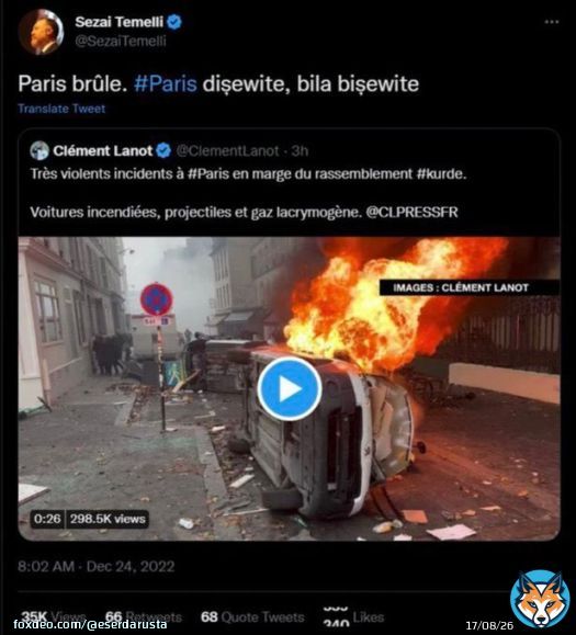 HDP milletvekili Sezai Temelli, PKK lıların Paris'i ateşe verdiği g&ouml;r&uuml;nt&uuml;leri &ouml;ven bir twit atıyor , ardından &ouml;z&uuml;rl&uuml; twit atıp ilk twitini siliyor.  Silmese, Fransa ya asla giremeyeceğini biliyor.. Eeee tabii ki gellişmiş demokrasi orası, &ouml;perler adamı T&uuml;rkiye değil.