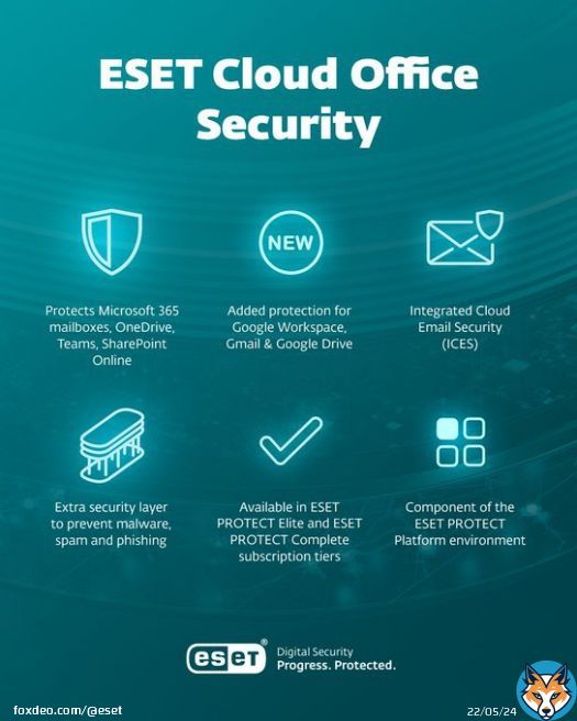 ESET Cloud Office Security (ECOS) is a powerful combination of spam filtering, anti‑malware scanning, anti‑phishing, and advanced threat defense capabilities that can mitigate even never-before-seen threats.  #ESET #ProgressProtected