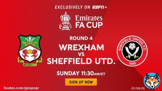 This weekend, don't miss #EmiratesFACup: @Wrexham_AFC vs @SheffieldUnited  Coverage across @SportsCenter, Postseason NFL Countdown, @ESPNFC &    Sunday | 11:30a ET | Exclusively on @ESPNPlus  @JonChampionJC, @Higginbotham05