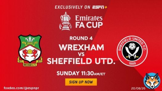 This weekend, don't miss #EmiratesFACup: @Wrexham_AFC vs @SheffieldUnited  Coverage across @SportsCenter, Postseason NFL Countdown, @ESPNFC &    Sunday | 11:30a ET | Exclusively on @ESPNPlus  @JonChampionJC, @Higginbotham05