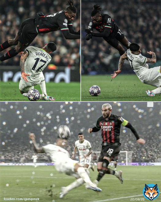 Cristian Romero received a red card after two yellows from these challenges on Rafael Le&atilde;o and Theo Hernandez