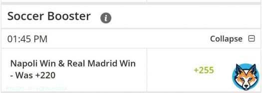 What better way to start Football Sunday than with some real Futbol!  La Liga Real Madrid win vs Real Sociedad &  Serie A Napoli win vs Roma boosted to +255   +5.43% EV  29.7% Probability  #BetOnline #SerieA #LaLiga #Napoli #RealMadrid #GamblingTwitter #FreePicks #FreeBets