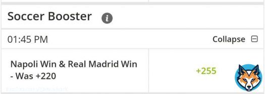 What better way to start Football Sunday than with some real Futbol!  La Liga Real Madrid win vs Real Sociedad &  Serie A Napoli win vs Roma boosted to +255   +5.43% EV  29.7% Probability  #BetOnline #SerieA #LaLiga #Napoli #RealMadrid #GamblingTwitter #FreePicks #FreeBets