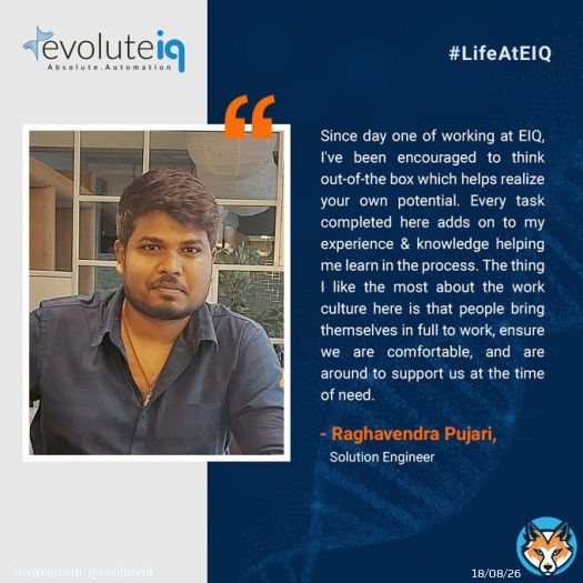 We asked Raghavendra Pujari, Solutions Engineer at #EvoluteIQ what #LifeAtEIQ is like for him. Here's what he had to say.  #employee #jobsatisfaction #testimonial