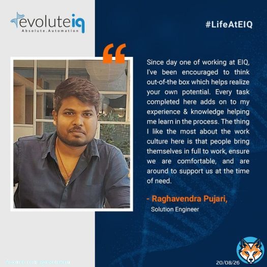We asked Raghavendra Pujari, Solutions Engineer at #EvoluteIQ what #LifeAtEIQ is like for him. Here's what he had to say.  #employee #jobsatisfaction #testimonial