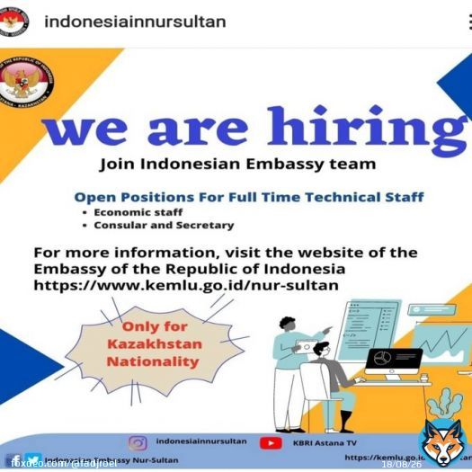 WE ARE HIRING! Join indonesian embassy team but... ONLY FOR KAZAKHSTAN NATIONALITY. Rahmet! ~ #IndonesiaMaju  #IniDiplomasi #DubesRIKazakhstanTajikistan #30YearsIndonesiaKazakhstan @Kemlu_RI #KBRIAstanaTheServingEmbassy @PEDOMAN_id @Menlu_RI @ikn_id