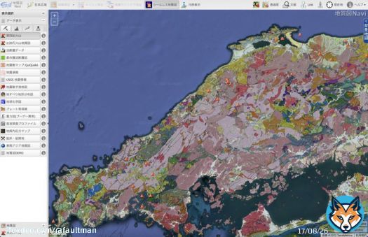 #ブラタモリ #石見銀山 で地形や地質が気になった人は、地質図ナビ（#産総研 提供）をどうぞ&rarr;  地質図ナビは、パソコンでもスマホでも手軽に見ることができます。地質図ナビでは、地質だけでなく、第四紀火山の分布（赤い三角マーク）も確認することができます。