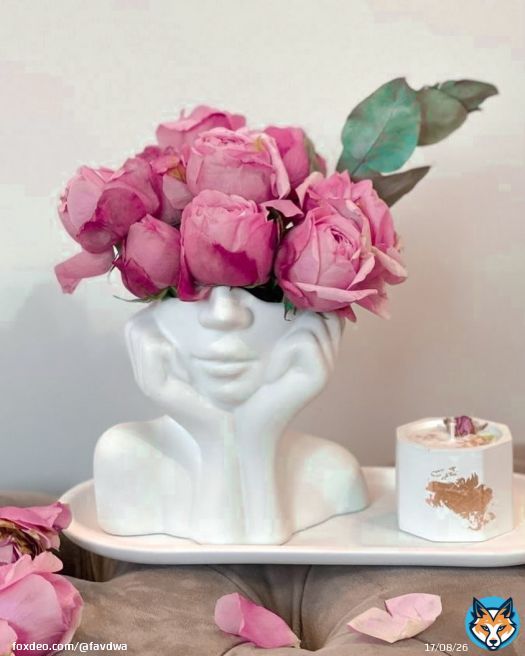 Photo by Derouich Fadwa on January 30, 2024. May be an image of vase, candle, flower arrangement, bust, rose and text.