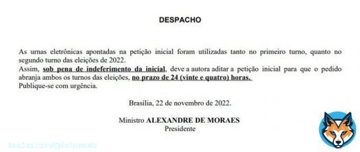 Alexandre de Moraes jogou um balde de &aacute;gua fria no pedido do Bolsonaro de anular as urnas.  Deixou claro: as urnas foram as mesmas do 1&deg; e 2&deg; turnos, ent&atilde;o o PL e Bolsonaro devem pedir a anula&ccedil;&atilde;o de TODOS os eleitos, n&atilde;o apenas Lula.  Caso contr&aacute;rio, o pedido vai pra lata do lixo
