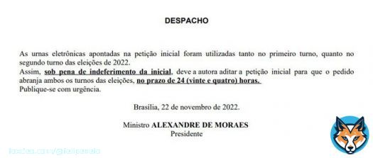 Alexandre de Moraes jogou um balde de &aacute;gua fria no pedido do Bolsonaro de anular as urnas.  Deixou claro: as urnas foram as mesmas do 1&deg; e 2&deg; turnos, ent&atilde;o o PL e Bolsonaro devem pedir a anula&ccedil;&atilde;o de TODOS os eleitos, n&atilde;o apenas Lula.  Caso contr&aacute;rio, o pedido vai pra lata do lixo