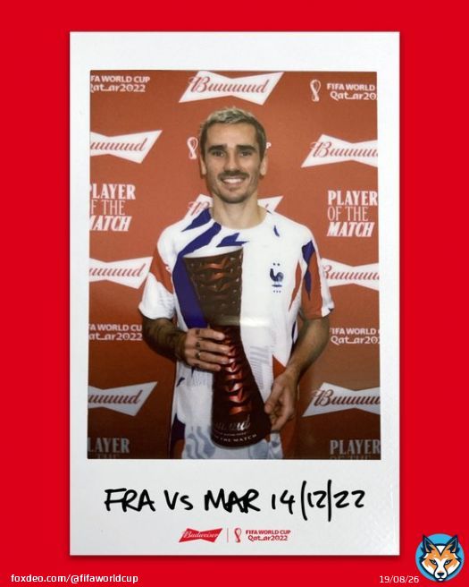 Another 10/10 display from Antoine Griezmann earns him tonight&rsquo;s @Budweiser Player of the Match. In with a chance at the #FIFAWorldCup Golden Ball surely?  #FRAMAR #POTM #YoursToTake #BringHomeTheBud @budfootball