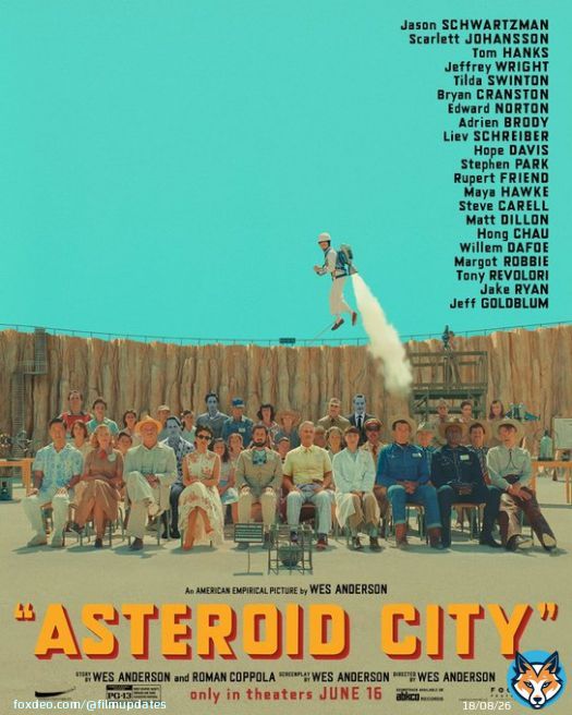New poster for Wes Anderson&rsquo;s &lsquo;ASTEROID CITY.&rsquo;  Starring Jason Schwartzman, Scarlett Johansson, Tom Hanks, Jeffrey Wright, Tilda Swinton, Bryan Cranston, Edward Norton, Adrien Brody, Stephen Park, Maya Hawke, Steve Carrell, Hong Chau, Willem Dafoe and Margot Robbie.