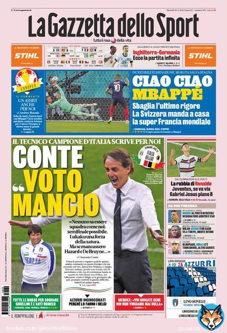 Tuesday's Italian #Calcio headlines in English  #Euro2020 #CR7 #Juventus #PSG #MUFC #Atalanta #ACMilan #ITA #BEL #ESP #CRO #FRA #SUI #BELITA #CROESP #FRASUI