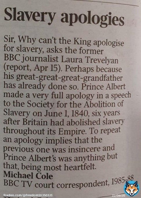 I&rsquo;m getting tired of the moral superiority from some parts of American media that gets directed at us.  abolished slavery 60! years before America did in 1807. In 1840 Prince Albert gave his famous speech at the anti-slavery committee, 25 yearsbefore America abolished slavery.