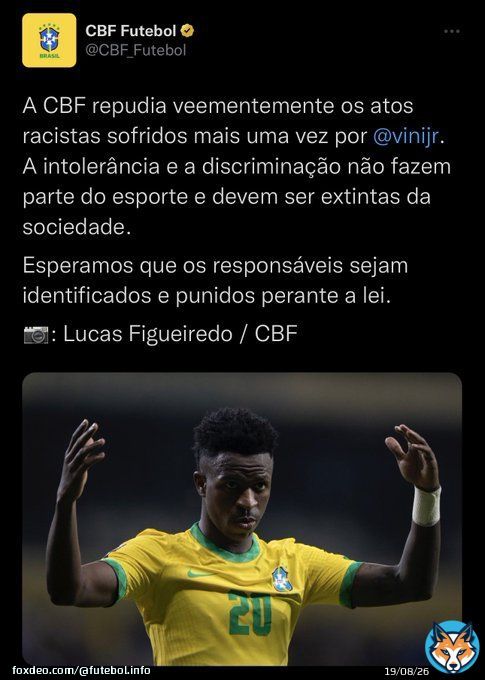 CBF emite nota de rep&uacute;dio aos atos de &oacute;dio dos torcedores do Atl&eacute;tico de Madrid contra Vini Jr.  &ldquo;Que voc&ecirc; siga sempre bailando, driblando e, acima de tudo, com esse sorriso no rosto, Vini! N&oacute;s estamos com voc&ecirc;&rdquo;, completou a entidade.   Lucas Figueiredo