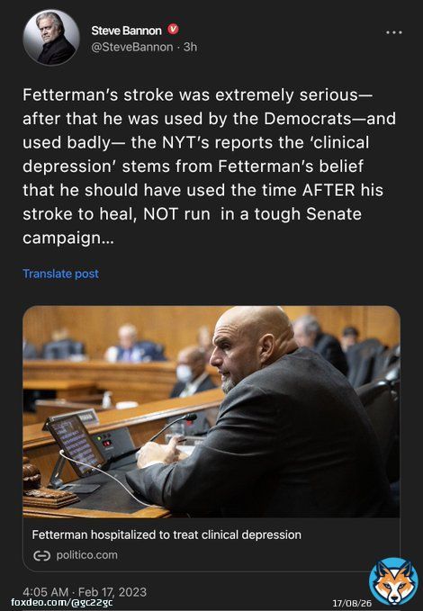 Fetterman&rsquo;s stroke was extremely serious&mdash;after that he was used by the Democrats&mdash;and used badly&mdash; the NYT&rsquo;s reports the &lsquo;clinical depression&rsquo; stems from Fetterman&rsquo;s belief that he should have used the time AFTER his stroke to heal, NOT run  in a