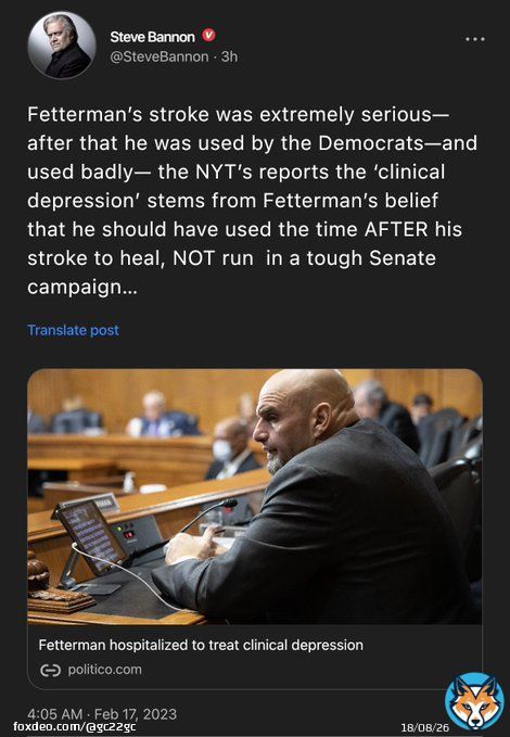 Fetterman&rsquo;s stroke was extremely serious&mdash;after that he was used by the Democrats&mdash;and used badly&mdash; the NYT&rsquo;s reports the &lsquo;clinical depression&rsquo; stems from Fetterman&rsquo;s belief that he should have used the time AFTER his stroke to heal, NOT run  in a
