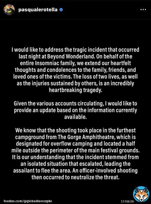 BREAKING - Pasquale Rotella drops an official statement regarding the shooting at Beyond Wonderland PNW at The Gorge Amphitheater